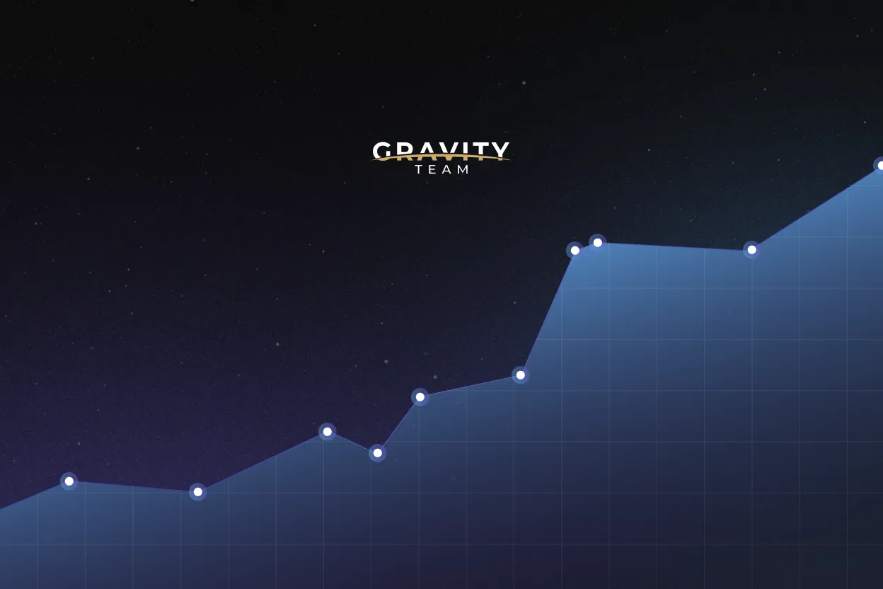 A blue line graph with data points on a dark background, showing an upward trend. The text GRAVITY TEAM CYVERS appears at the top center.