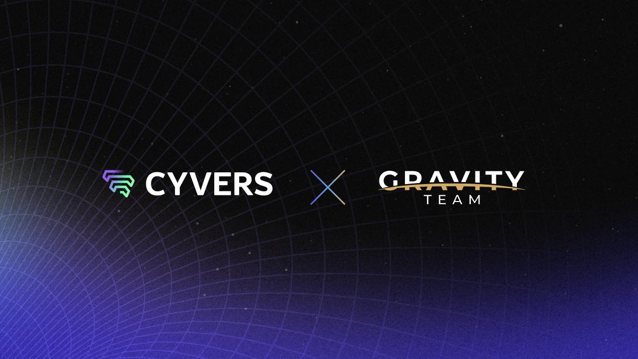 Logos of Cyvers and Gravity Team are displayed side by side on a dark, grid-patterned background, with a stylized X between them, highlighting their collaboration for proof of talk.