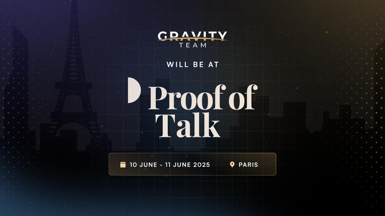 Event announcement image featuring Gravity Team and hedgeweek at Proof of Talk, with Paris city skyline and Eiffel Tower silhouette in the background. Event dates 10 June - 11 June 2025 in Paris displayed at the bottom.