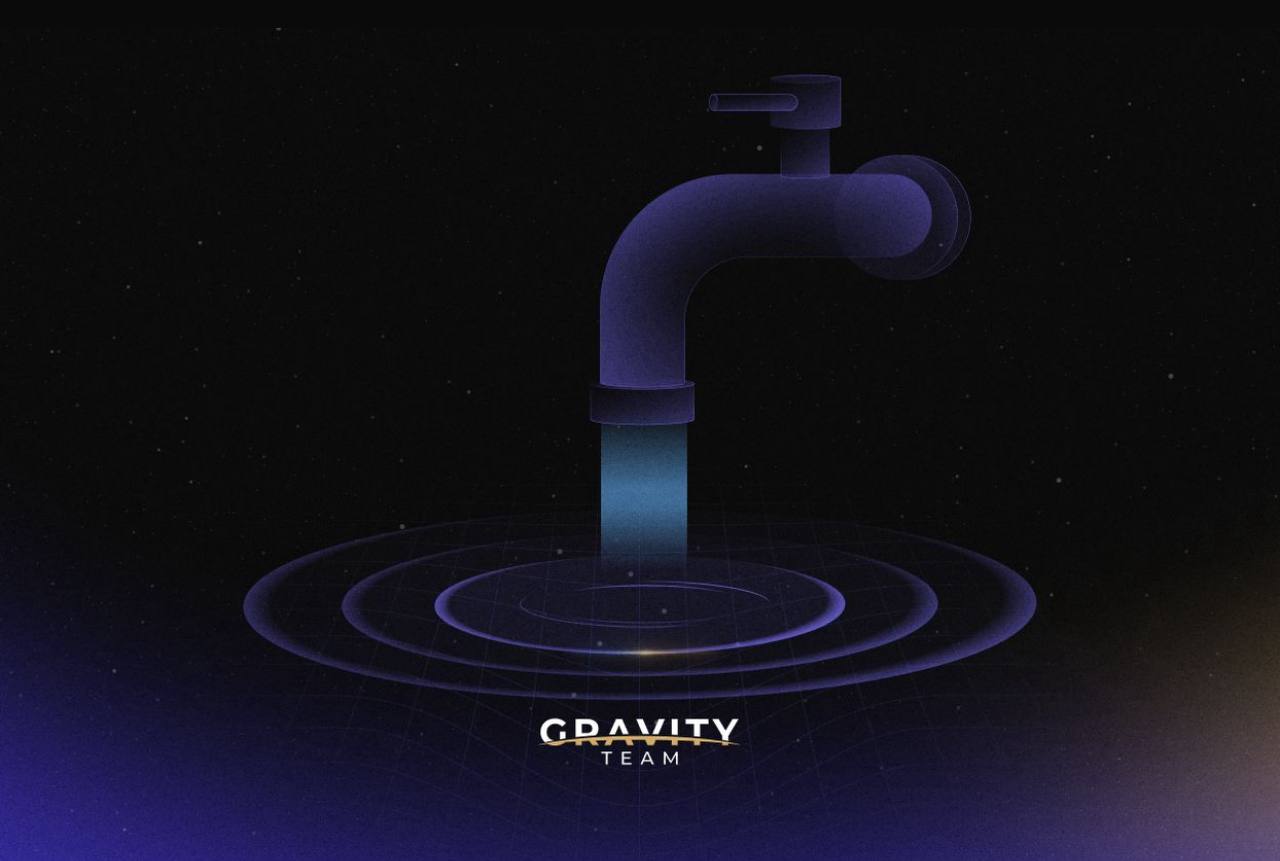 A digital illustration of a faucet pouring blue light into a circular ripple on a dark background, with GRAVITY TEAM below the ripple. The cosmic, abstract scene subtly hints at how market making works in the flow and balance of liquid light.