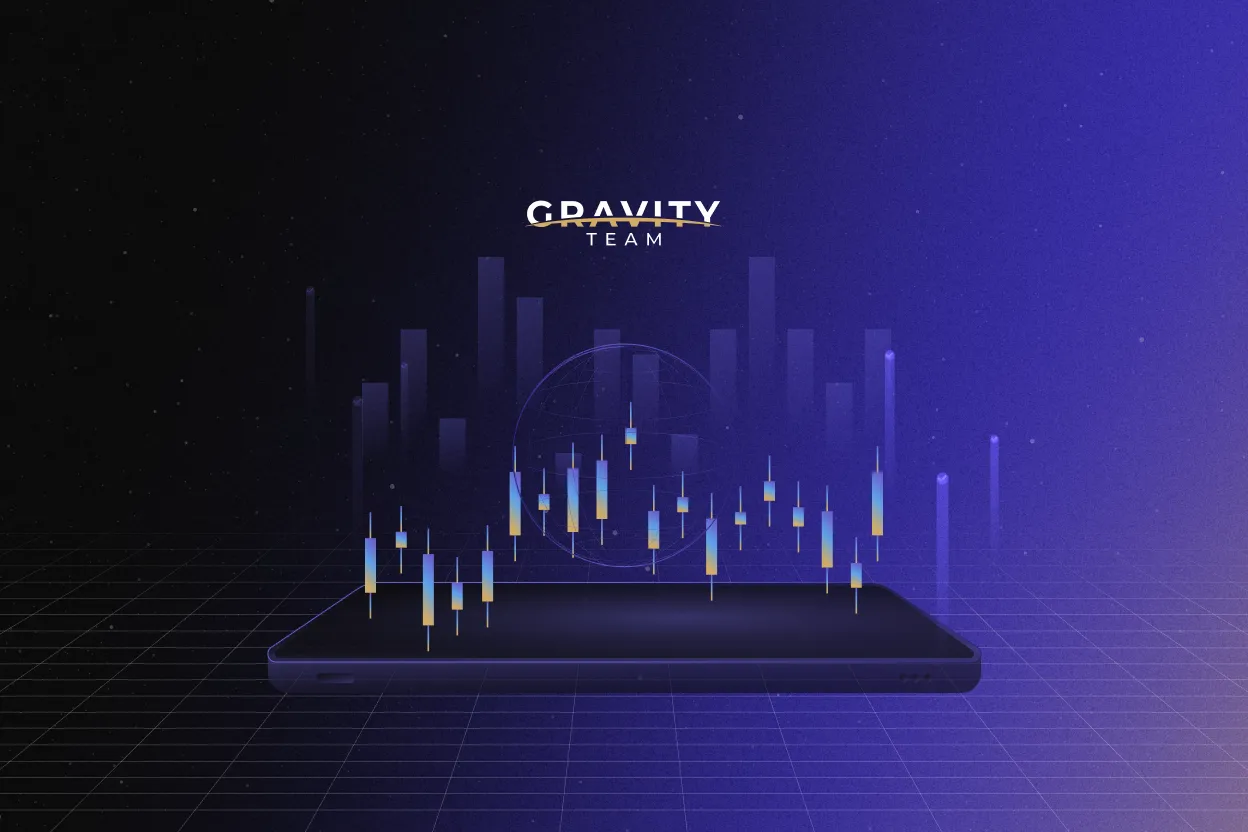 A digital illustration of a smartphone displaying glowing candlestick charts and bar graphs, symbolizing good crypto liquidity and financial data analysis. The words GRAVITY TEAM appear above the phone on a dark blue, futuristic background.