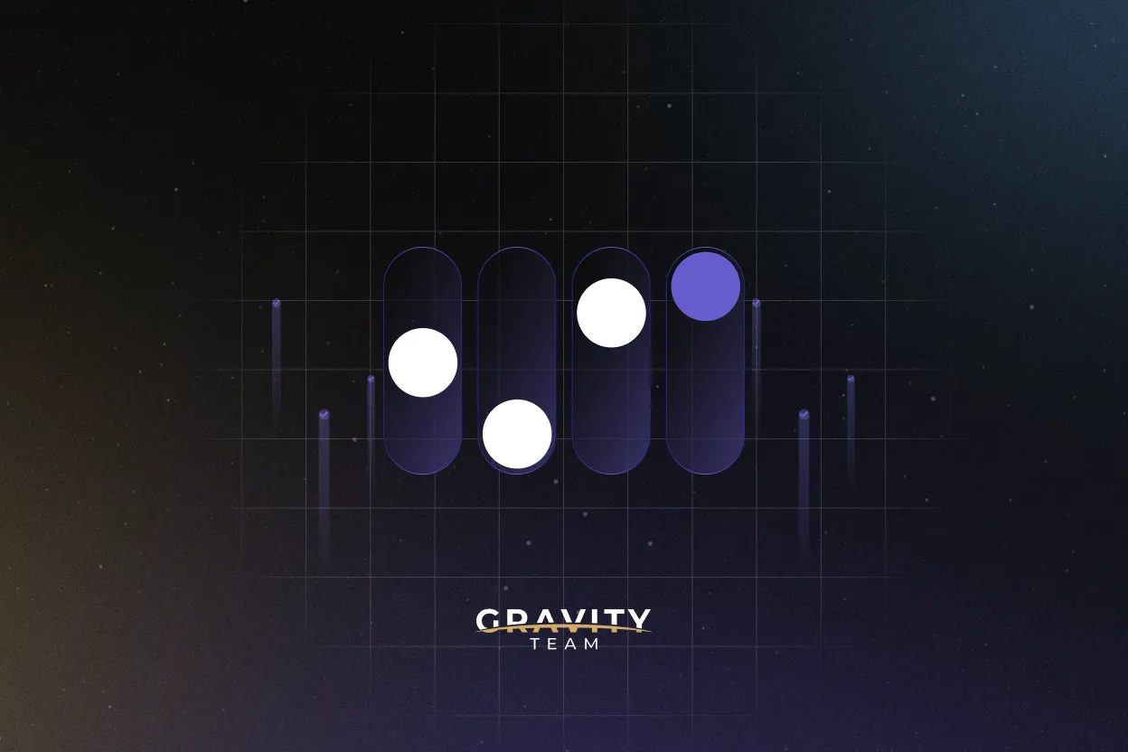 A digital graphic shows four vertical bars with white circles and one purple circle on top, set against a dark, grid-patterned background. The text GRAVITY TEAM at the bottom hints at crypto market making in 2025.