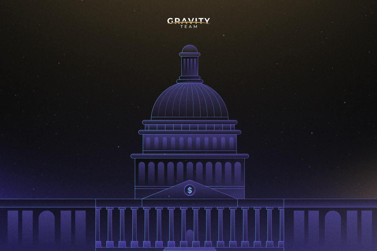 Stylized illustration of a domed government building at night with GRAVITY TEAM above it, a dollar symbol on the front, and a dark, starry sky—highlighting the genius act behind stablecoin innovation.