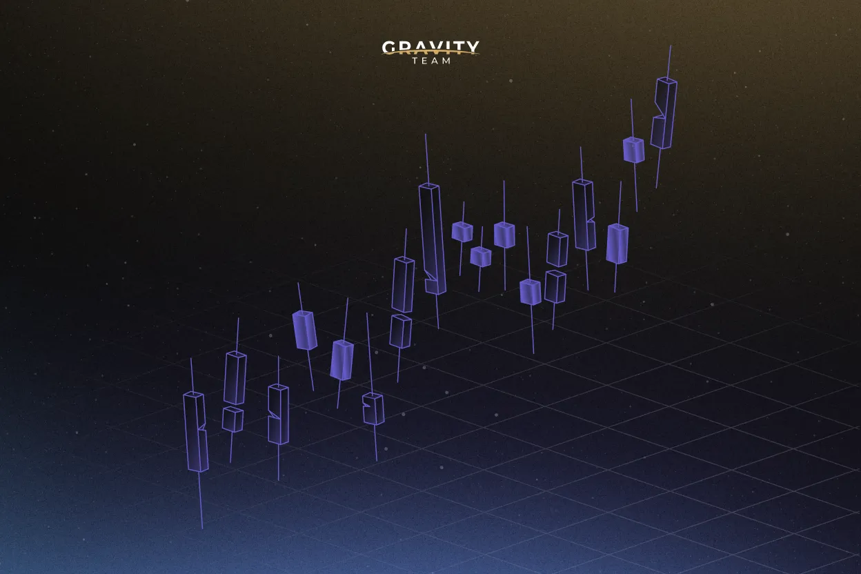 A digital chart with blue candlestick patterns on a dark gradient grid background. The words GRAVITY TEAM and baltic honey badger 2025 appear at the top center, and the chart suggests an upward trend.