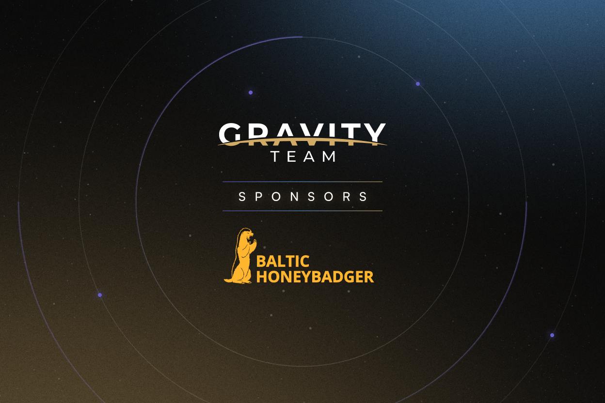 A dark space-themed background with the words GRAVITY TEAM and SPONSORS above the BALTIC HONEYBADGER logo, featuring a stylized yellow honey badger graphic and concentric circular lines. Subtle reference to Baltic Honey Badger 2025 event.