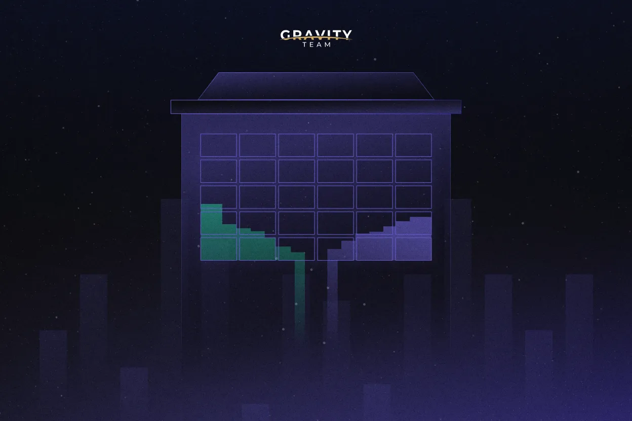 A digital illustration shows a dark building with grid-like windows, some lit green forming a descending staircase pattern. The words GRAVITY TEAM appear above the building on a starry night, hinting at crypto liquidity flowing through the cityscape.