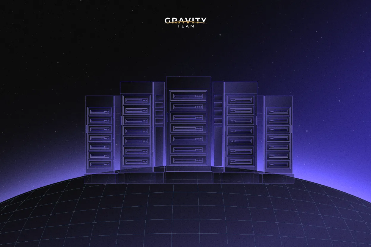 Digital illustration of translucent server racks in purple tones on a grid surface, with GRAVITY TEAM and crypto market makers written above, set against a dark, starry background.