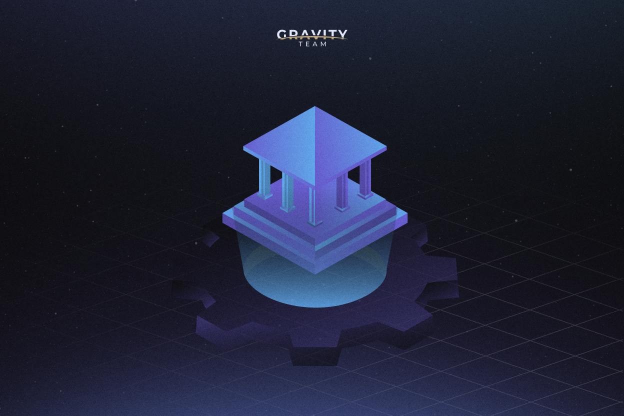 A digital illustration of a blue, glowing classical building with pillars sits on a gear shape, symbolizing crypto institutions. The dark background features a grid, with the text GRAVITY TEAM appearing at the top.