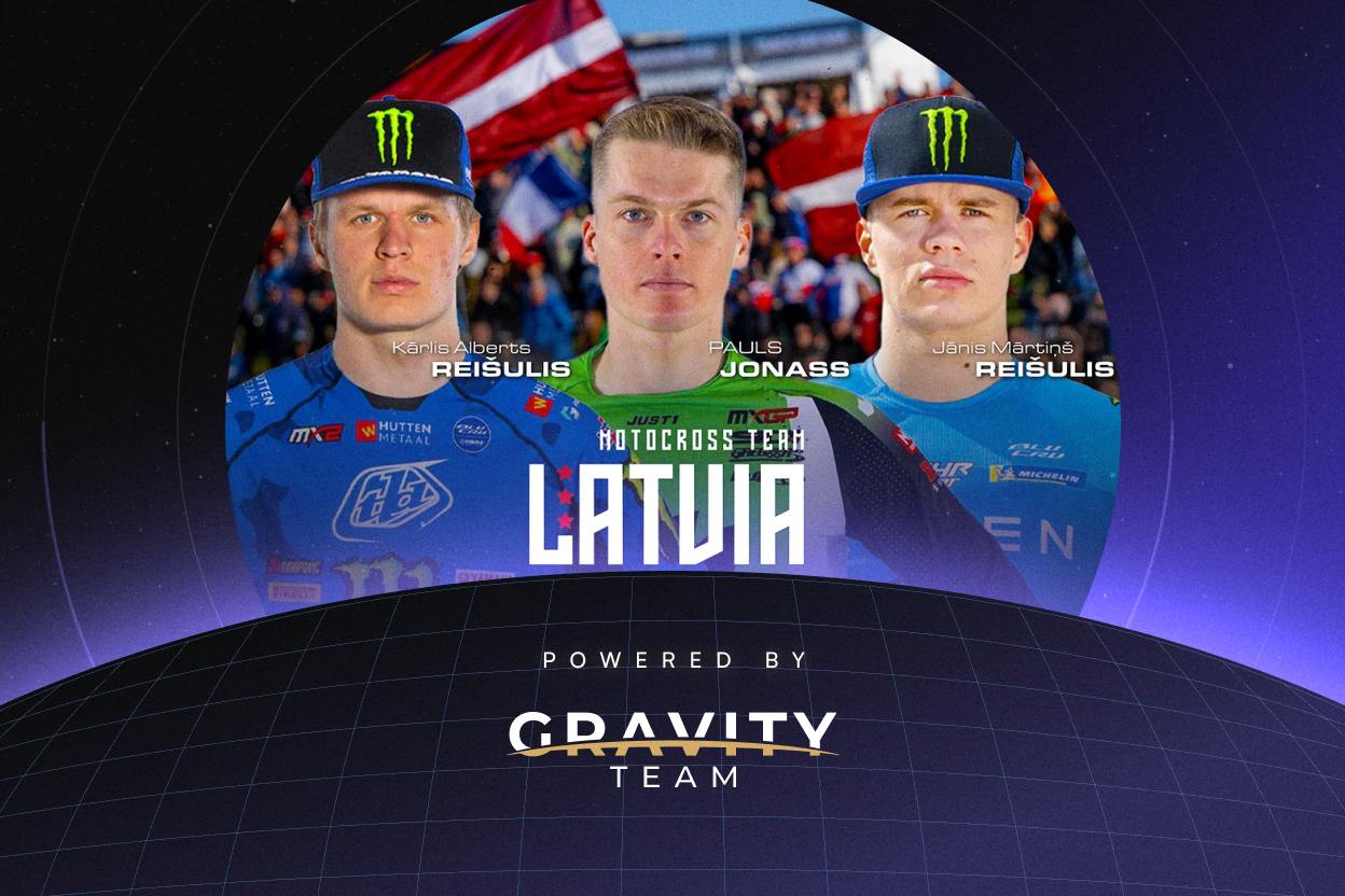 Three motocross riders in blue gear—Kaspars Reisulis, Pauls Jonass, and Janis Martins Reisulis—are shown above “Motocross Team Latvia” and “Powered by Gravity Team,” with a nod to token2049 in the design.