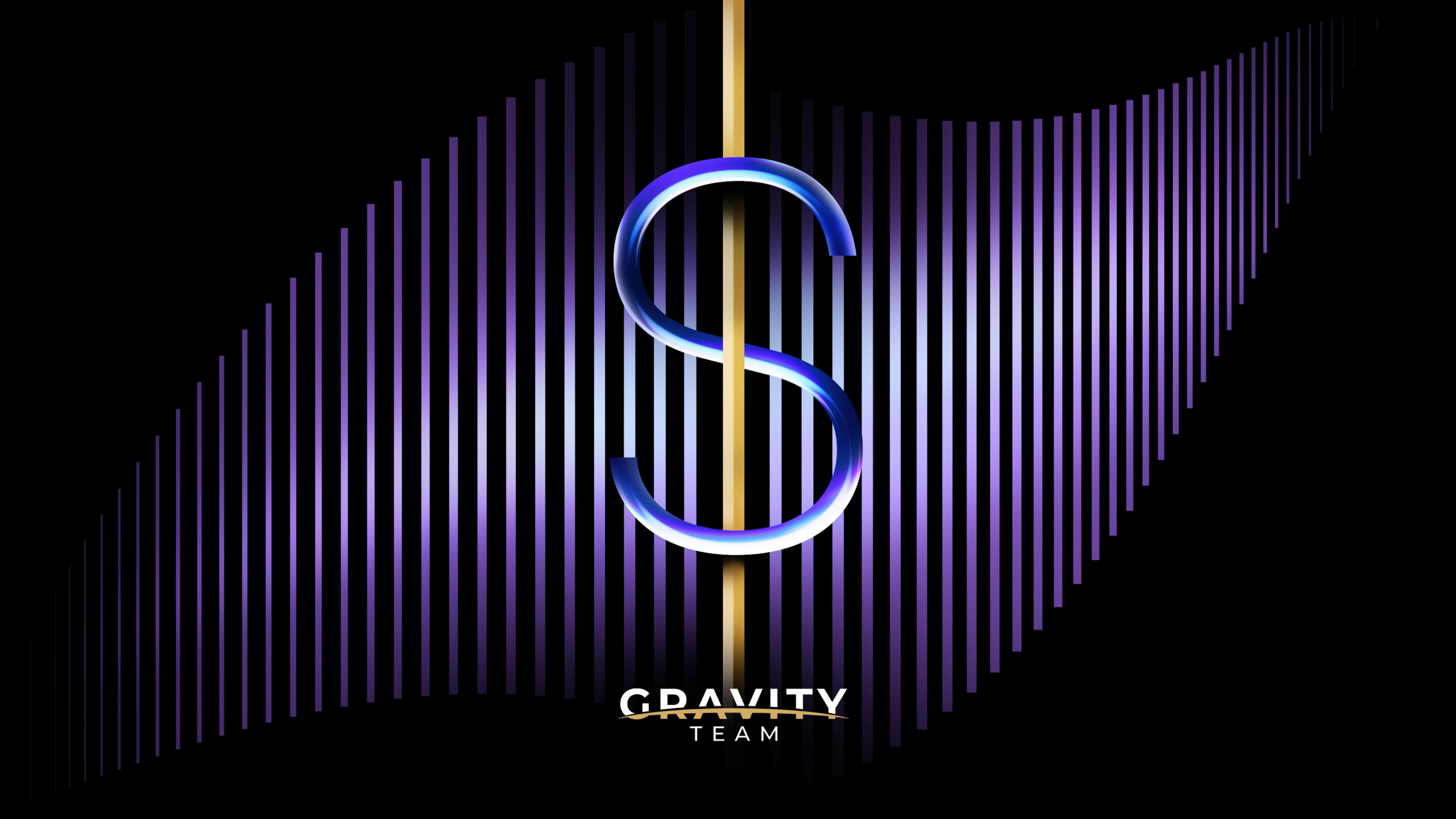 A large blue and purple metallic S stands over a gold vertical line, centered on a background of gradient bars. Below, GRAVITY TEAM is written in bold white letters, reflecting expertise in otc trading.
