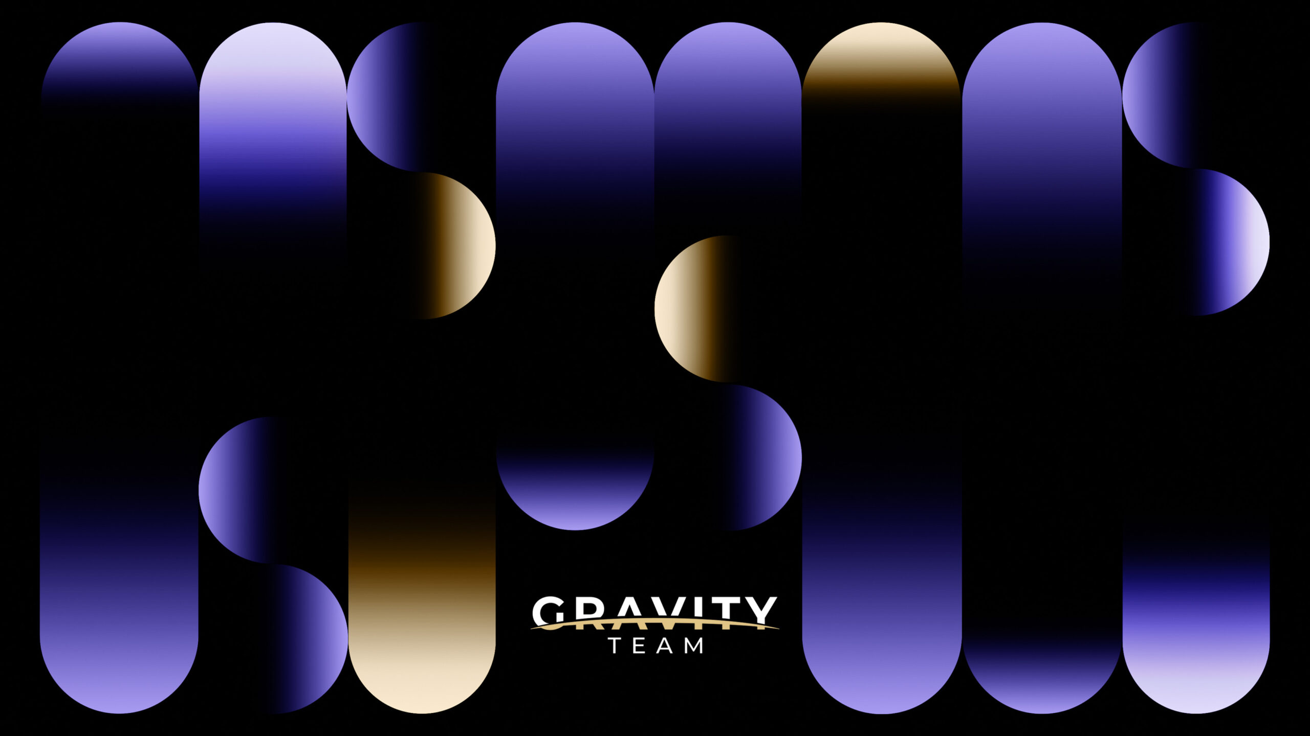 Abstract image with vertical bars in blue, black, and gold gradients on a black background. The word GRAVITY appears in bold white text at the bottom center, with TEAM beneath it—perfect for any crypto trading community.