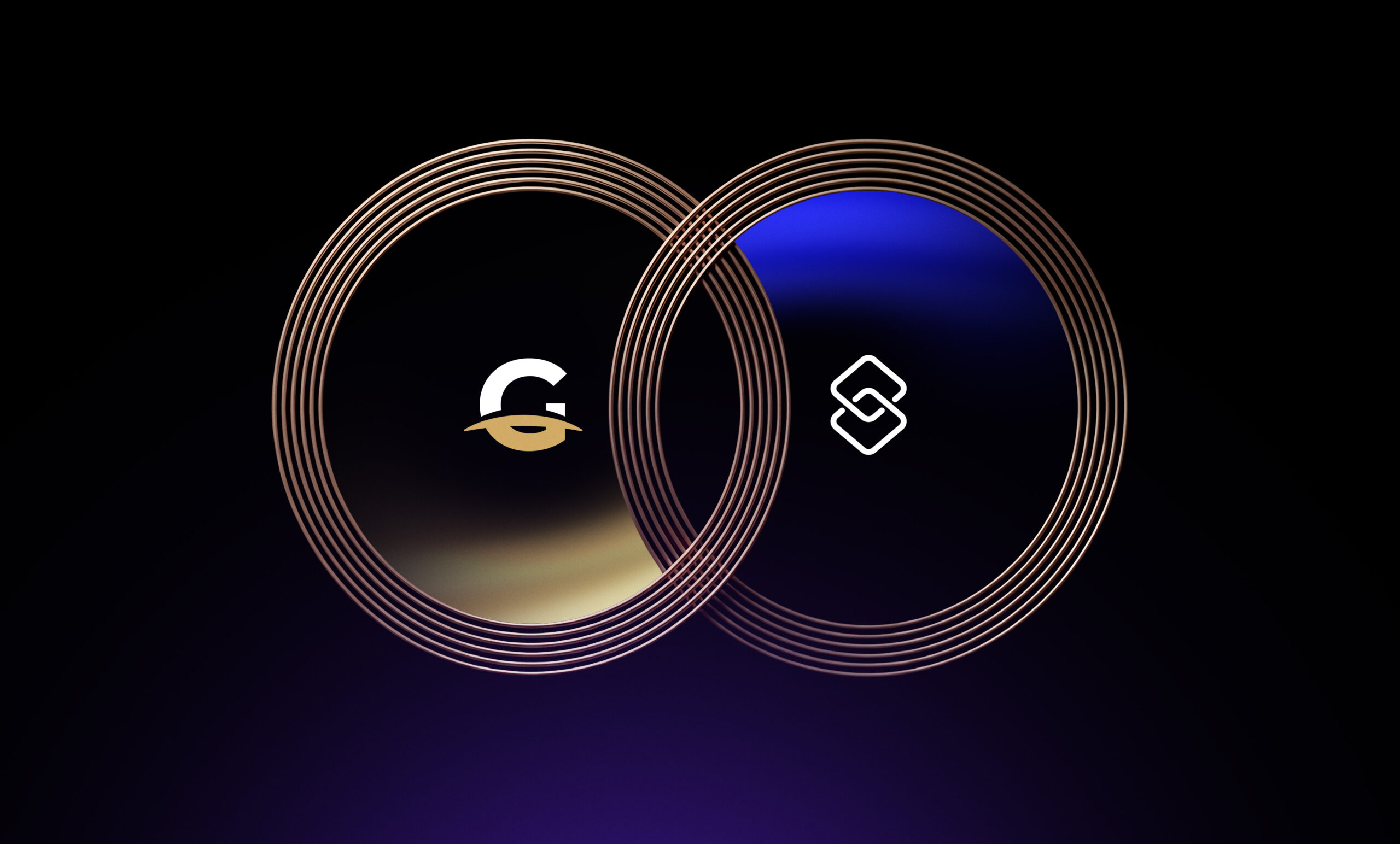 Two interlocking golden rings on a dark gradient background. The left ring features a stylized G logo with a gold underline, while the right showcases a white geometric S—symbolizing execution algorithms in crypto market making.