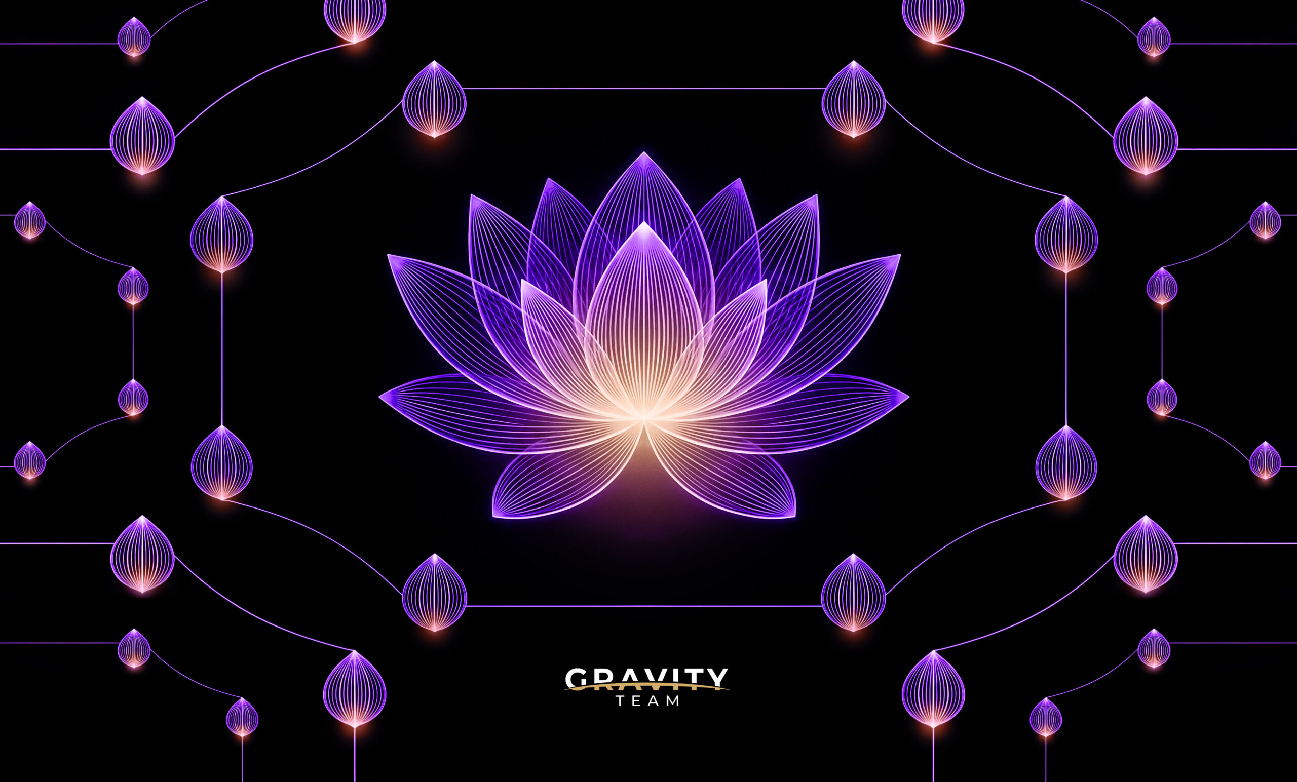 A glowing, geometric lotus flower in purple and gold tones is centered on a black background, surrounded by smaller matching buds and lines—symbolizing precision in execution algorithms in crypto market making. GRAVITY TEAM appears in white and gold text at the bottom.