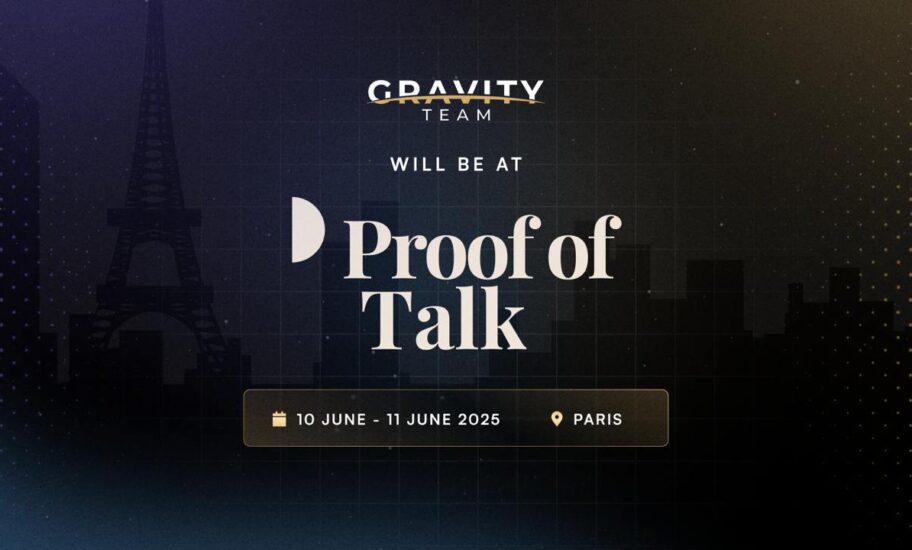 Event announcement image featuring Gravity Team and hedgeweek at Proof of Talk, with Paris city skyline and Eiffel Tower silhouette in the background. Event dates 10 June - 11 June 2025 in Paris displayed at the bottom.