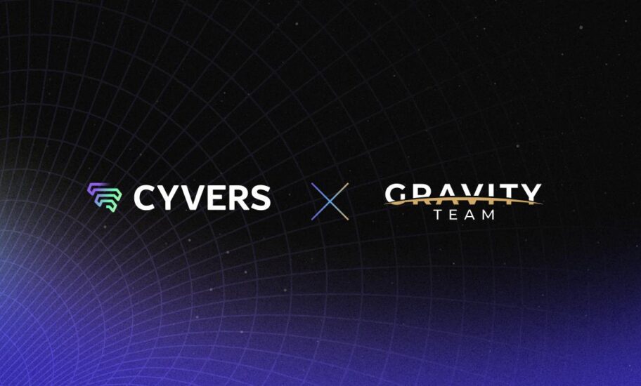 Logos of Cyvers and Gravity Team are displayed side by side on a dark, grid-patterned background, with a stylized X between them, highlighting their collaboration for proof of talk.