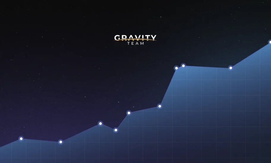 A blue line graph with data points on a dark background, showing an upward trend. The text GRAVITY TEAM CYVERS appears at the top center.