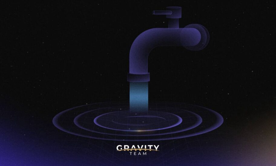 A digital illustration of a faucet pouring blue light into a circular ripple on a dark background, with GRAVITY TEAM below the ripple. The cosmic, abstract scene subtly hints at how market making works in the flow and balance of liquid light.