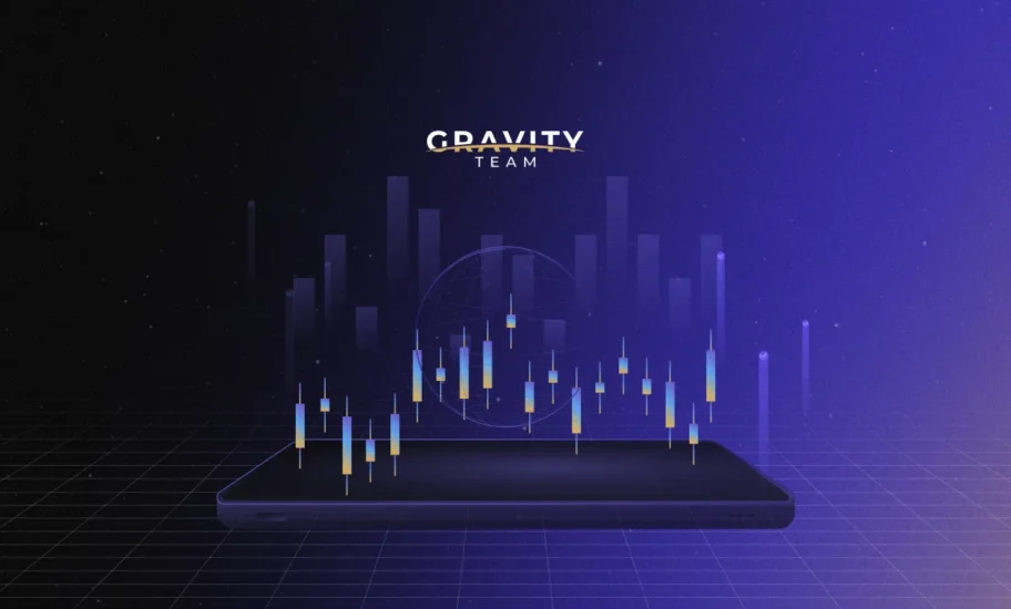 A digital illustration of a smartphone displaying glowing candlestick charts and bar graphs, symbolizing good crypto liquidity and financial data analysis. The words GRAVITY TEAM appear above the phone on a dark blue, futuristic background.