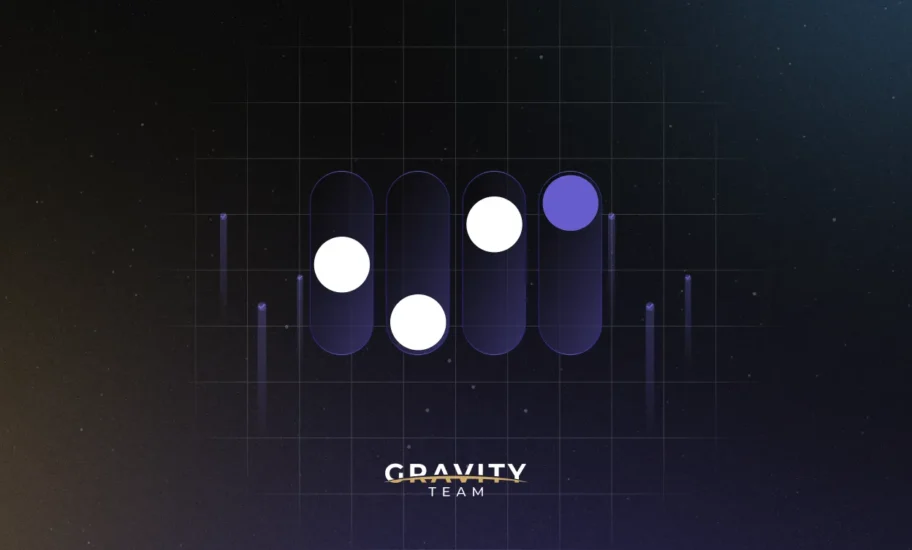 A digital graphic shows four vertical bars with white circles and one purple circle on top, set against a dark, grid-patterned background. The text GRAVITY TEAM at the bottom hints at crypto market making in 2025.