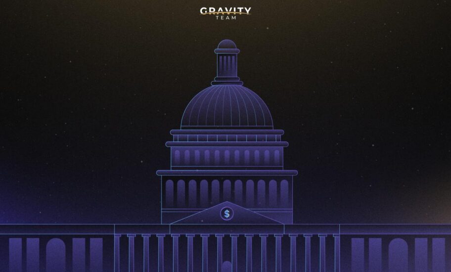 Stylized illustration of a domed government building at night with GRAVITY TEAM above it, a dollar symbol on the front, and a dark, starry sky—highlighting the genius act behind stablecoin innovation.