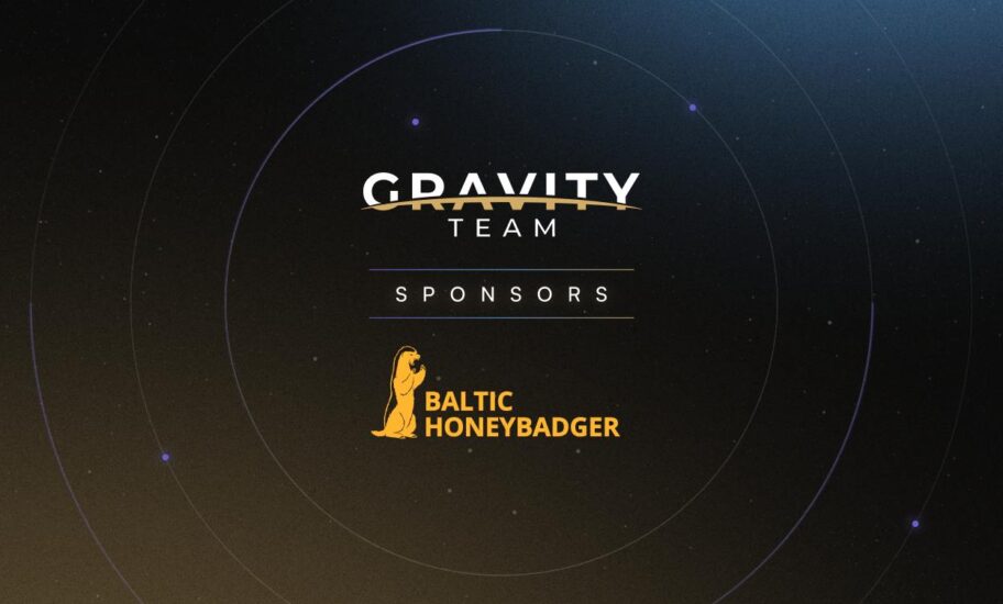 A dark space-themed background with the words GRAVITY TEAM and SPONSORS above the BALTIC HONEYBADGER logo, featuring a stylized yellow honey badger graphic and concentric circular lines. Subtle reference to Baltic Honey Badger 2025 event.