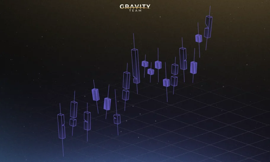 A digital chart with blue candlestick patterns on a dark gradient grid background. The words GRAVITY TEAM and baltic honey badger 2025 appear at the top center, and the chart suggests an upward trend.