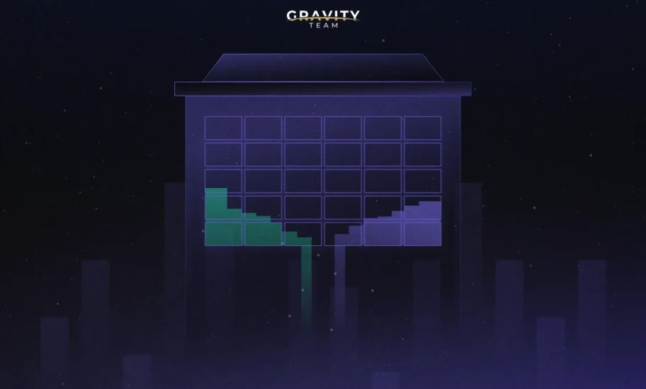 A digital illustration shows a dark building with grid-like windows, some lit green forming a descending staircase pattern. The words GRAVITY TEAM appear above the building on a starry night, hinting at crypto liquidity flowing through the cityscape.
