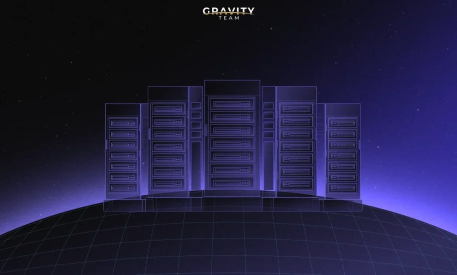 Digital illustration of translucent server racks in purple tones on a grid surface, with GRAVITY TEAM and crypto market makers written above, set against a dark, starry background.