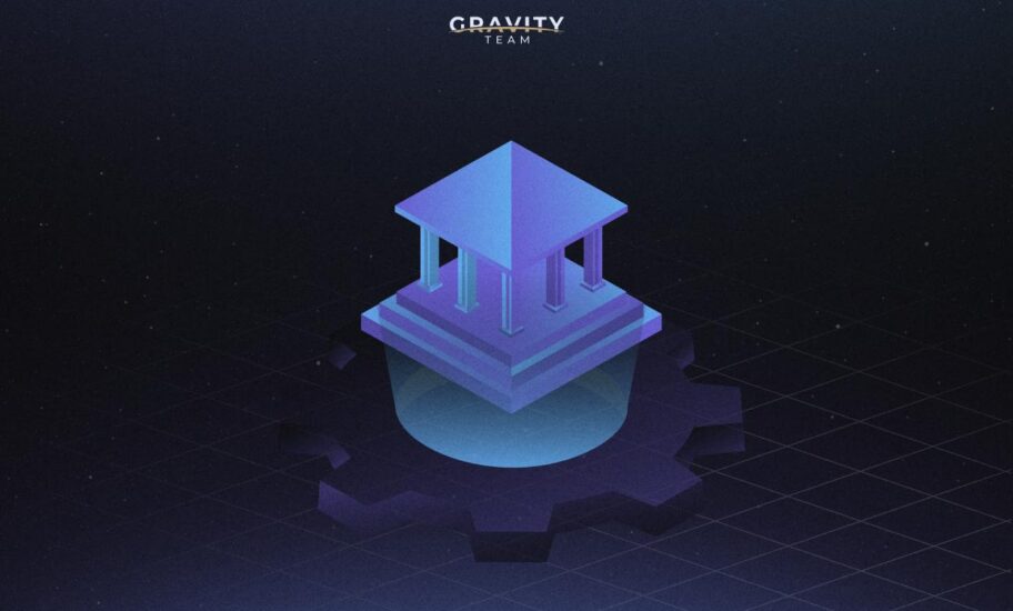 A digital illustration of a blue, glowing classical building with pillars sits on a gear shape, symbolizing crypto institutions. The dark background features a grid, with the text GRAVITY TEAM appearing at the top.