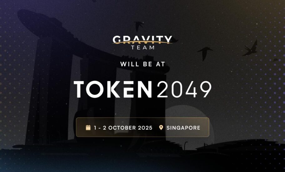 Event announcement graphic for TOKEN2049, featuring the Gravity Team logo and stablecoin theme, event dates (1–2 October 2025), and location (Singapore) with a silhouette of Marina Bay Sands in the background.