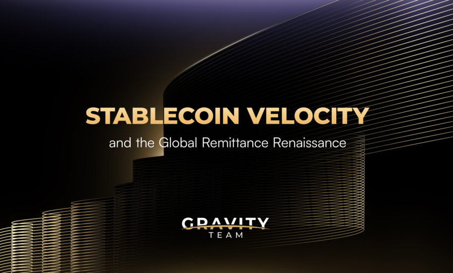 Dark abstract background with gold curved lines and the text Stablecoin Velocity and the Global Remittance Renaissance above the Gravity Team logo, highlighting the impact of stablecoin remittance on global financial flows.
