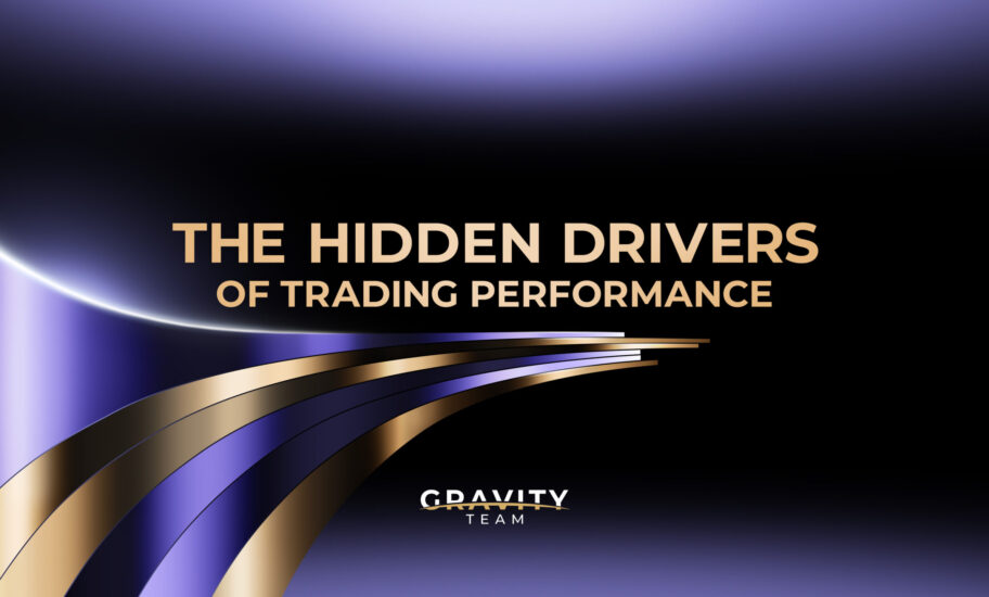 Abstract dark background with curved gold and purple lines, featuring the text The Hidden Drivers of Trading Performance, highlighting stablecoin liquidity, and the Gravity Team logo at the bottom.