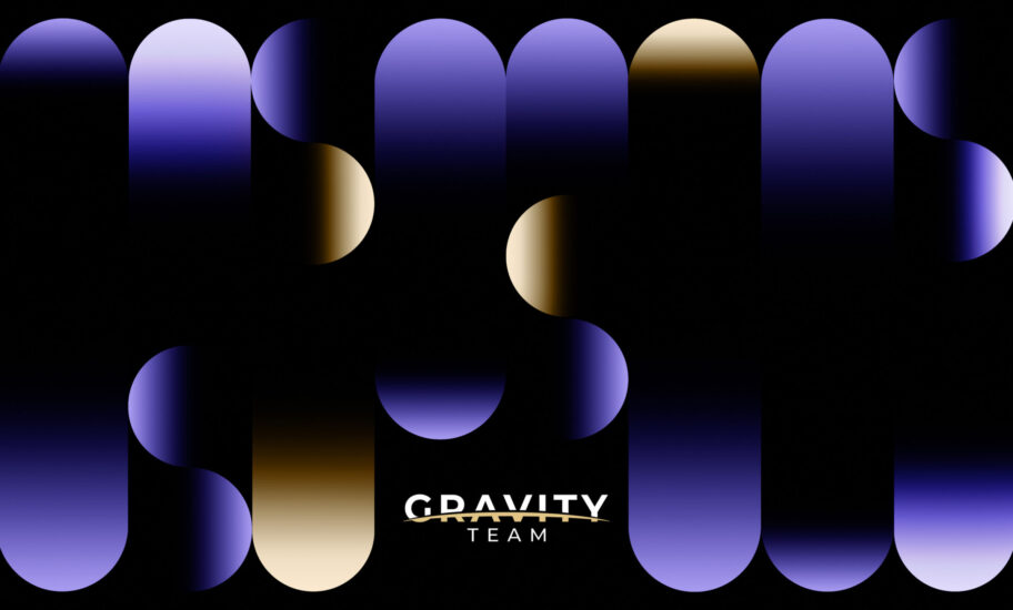 Abstract image with vertical bars in blue, black, and gold gradients on a black background. The word GRAVITY appears in bold white text at the bottom center, with TEAM beneath it—perfect for any crypto trading community.
