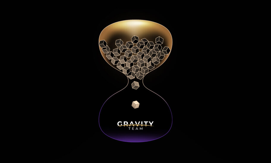 A golden hourglass with geometric cubes, symbolizing execution algorithms in crypto market making, flows from top to bottom, where GRAVITY TEAM is written in white text on a black background.