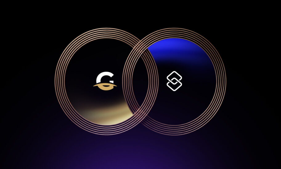 Two interlocking golden rings on a dark gradient background. The left ring features a stylized G logo with a gold underline, while the right showcases a white geometric S—symbolizing execution algorithms in crypto market making.