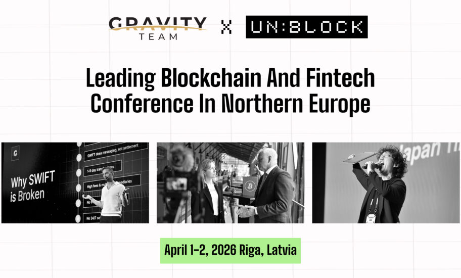 Banner for the Leading Blockchain and Fintech Conference, consensus 2026, in Northern Europe—hosted by Gravity Team and Un:Block, April 1-2, 2026, Riga, Latvia. Features three photos of event activities.