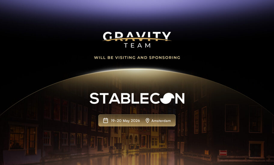 Event announcement graphic for Gravity Team sponsoring Stablecon 2026, held on 19-20 May in Amsterdam. The background features a canal and buildings at night, highlighting the excitement of Stablecon 2026.